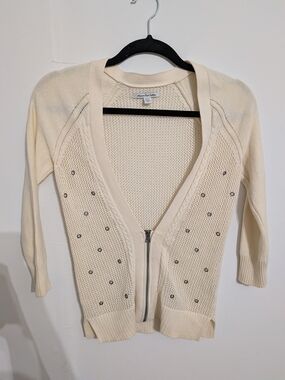 American Eagle Outfitters Cream Zip-Up Knit Cardigan with Gold Eyelet Details